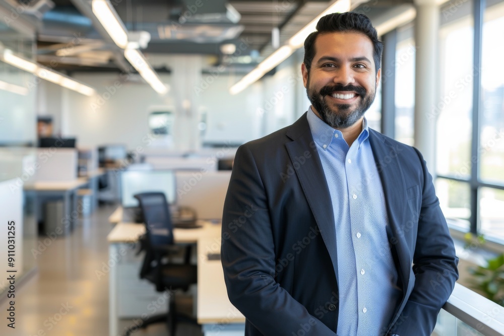 Smiling young Latino businessman, confident and elegant, standing in an office and looking at the camera, representing leadership in the corporate world. Smiling young Latino businessman, confident and elegant, standing in an office and looking at the camera, representing leadership in the corporate world.