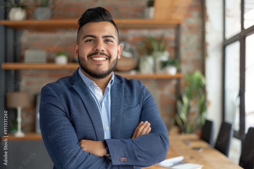 Fototapeta premium Smiling young Latino businessman, confident and elegant, standing in an office and looking at the camera, representing leadership in the corporate world.