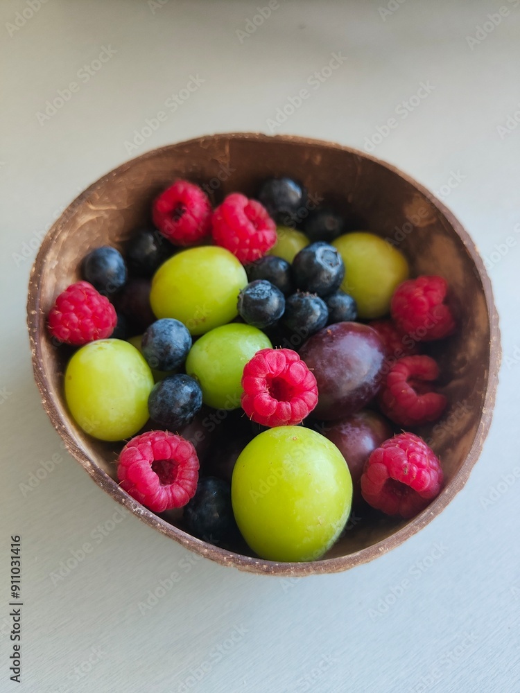 Close-up of a bowl filled with fresh raspberries, blueberries, and green grapes, showcasing vibrant colors and healthy eating. Perfect for themes of nutrition, wellness, and organic produce. Close-up of a bowl filled with fresh raspberries, blueberries, and green grapes, showcasing vibrant colors and healthy eating. Perfect for themes of nutrition, wellness, and organic produce.
