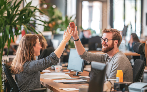 Young professionals, a man and woman, high-five in celebration as they collaborate on a computer project, surrounded by smiling colleagues in a modern office setting. photo