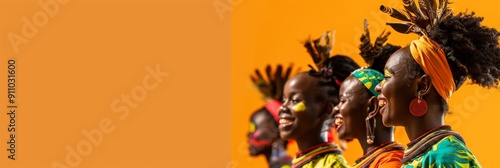 A group of women in vibrant traditional clothing and headpieces smiling against a bright orange background, showcasing cultural diversity. photo