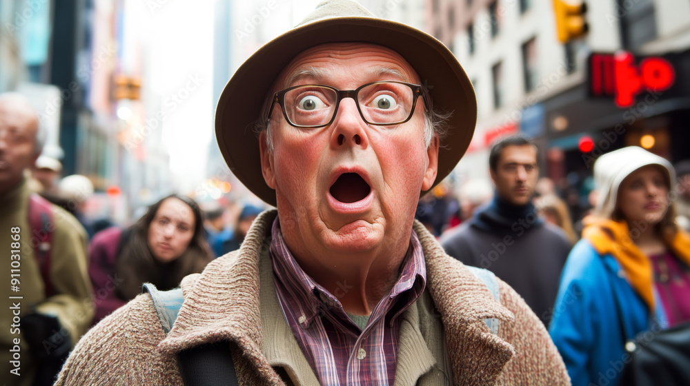 A startled man in his fifties, hatted and bespectacled, stands amidst a chaotic New York City crowd, his expression mirroring the city's sudden upheaval. A startled man in his fifties, hatted and bespectacled, stands amidst a chaotic New York City crowd, his expression mirroring the city's sudden upheaval.
