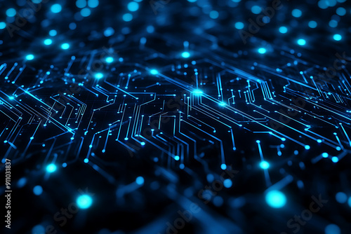 Abstract digital network circuit board background banner featuring connecting data points in blue and black colors. This design emphasizes the complexity and sophistication of modern technology