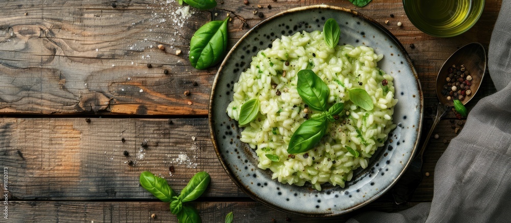 Over rustic wood, a plate with vegan green risotto is seen in a top view image, offering plenty of space for additional elements. Over rustic wood, a plate with vegan green risotto is seen in a top view image, offering plenty of space for additional elements.