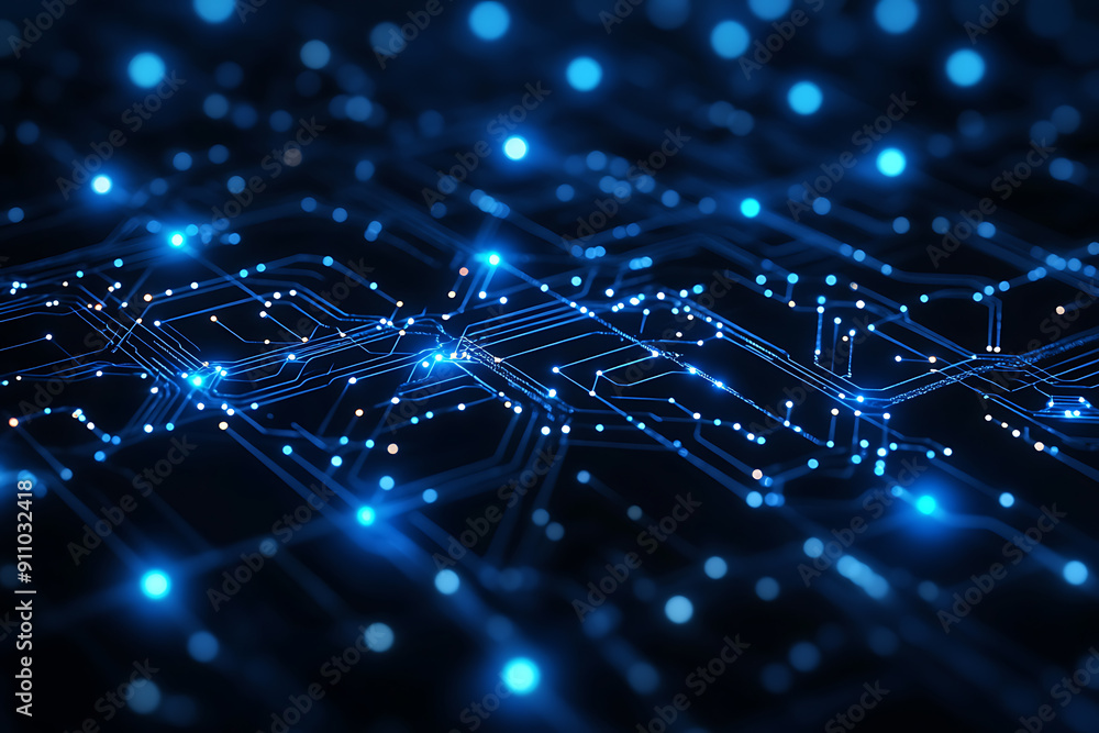 Abstract digital network circuit board background banner featuring connecting data points in blue and black colors. This design emphasizes the complexity and sophistication of modern technology
