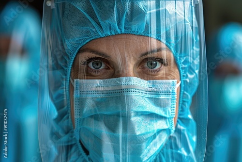 A Close-Up Portrait of a Person Wearing a Face Mask and Face Shield photo