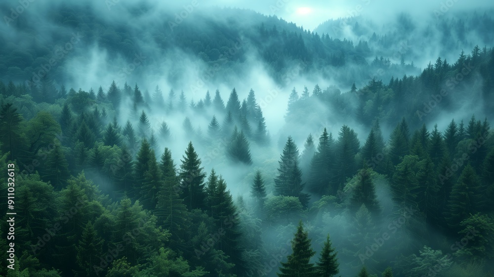 Misty Forest with Lush Green Pine Trees Misty Forest with Lush Green Pine Trees