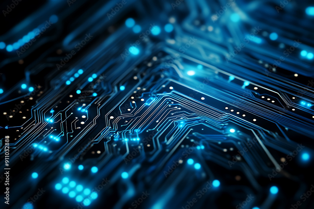Abstract digital network circuit board background banner featuring connecting data points in blue and black colors. This design emphasizes the complexity and sophistication of modern technology Abstract digital network circuit board background banner featuring connecting data points in blue and black colors. This design emphasizes the complexity and sophistication of modern technology