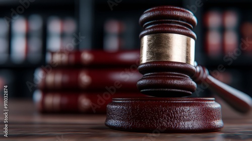 A close-up of a wooden gavel resting on a desk, symbolizing justice and law in a courtroom setting with books in the background. photo