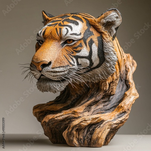 A sculpture of a tiger from the head to the chest. The base of the sculpture is made of wood. photo of one tiger on a driftwood, clean light beige background photo