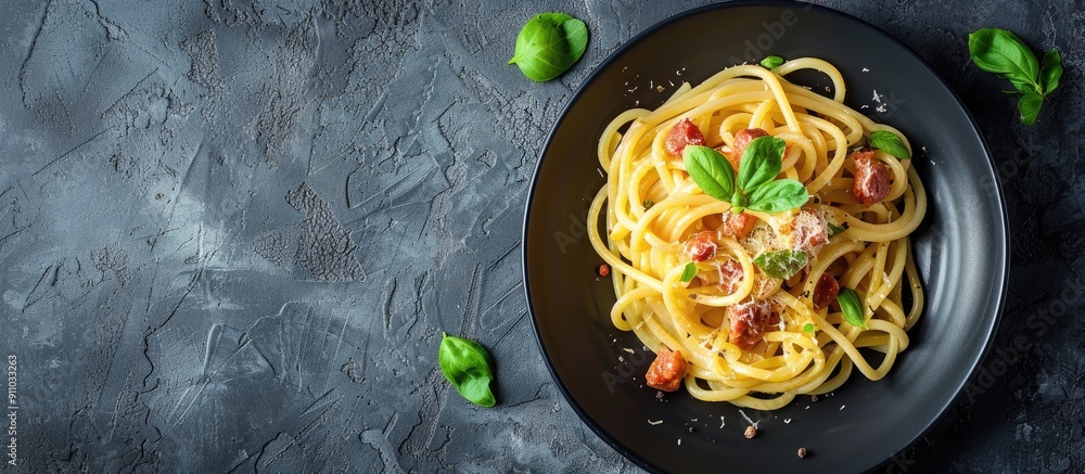 Italian pasta dish: Bucatini Carbonara with copy space image. Italian pasta dish: Bucatini Carbonara with copy space image.