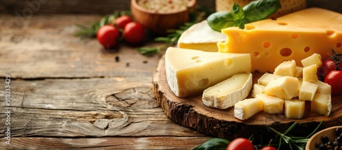 Wooden table with cheese, copy space image. photo