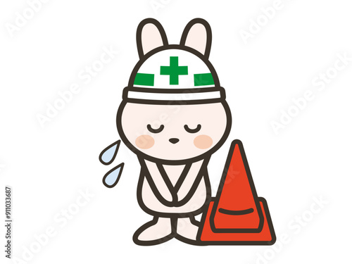 ご迷惑をおかけしますと謝るうさぎさんと三角コーンのイラスト