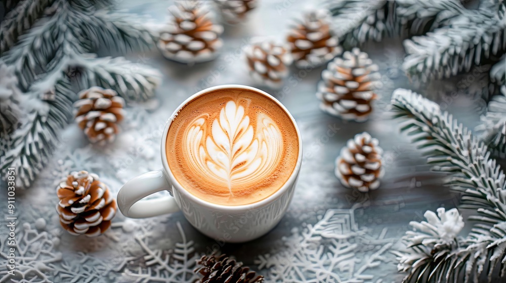 Latte art in a coffee cup with a backdrop of winter forest Latte art in a coffee cup with a backdrop of winter forest