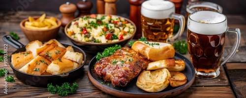 Traditional German food and cold beer at Oktoberfest happy hour, vibrant and inviting