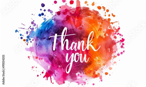 Thank you - calligraphy lettering on abstract multicolored watercolor painted splash background.