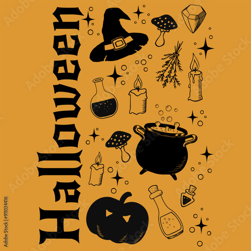 Halloween Party invitation card. Mystic hand drawn ink elements. Witch cauldron, hat, pumpkin and other design elements