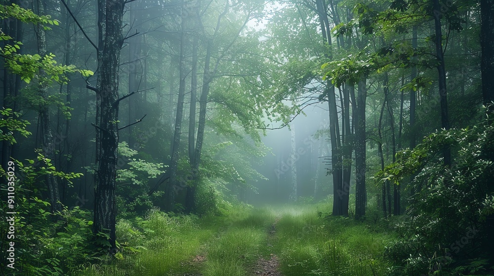 Fototapeta premium A dirt path winds through a misty forest.