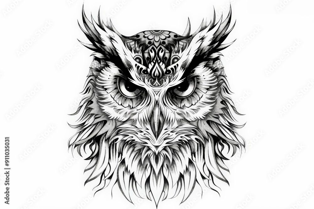 Fototapeta premium A detailed black and white illustration of an owl featuring intricate patterns, bold lines, and an intense stare, showcasing expressive artistic style and fine detailing.