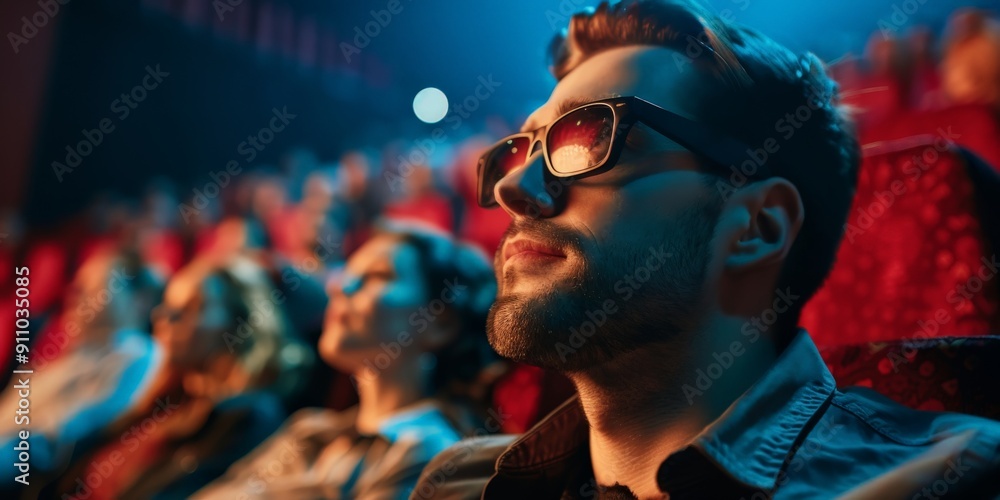 A darkened movie theater filled with an audience wearing 3D glasses, focused on the screen, capturing the modern cinematic experience and excitement of watching 3D films. A darkened movie theater filled with an audience wearing 3D glasses, focused on the screen, capturing the modern cinematic experience and excitement of watching 3D films.