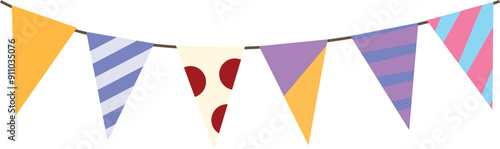 String of colorful triangular party flags hanging on a string for festive decoration