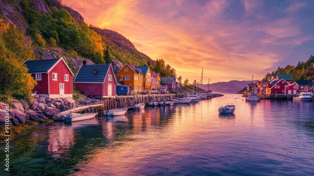 Fototapeta premium Sunrise Over a Coastal Village: A Panoramic View