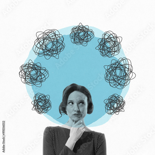 Canvastavla Woman with tangled thoughts flying around head, symbolizing confusion and contemplation