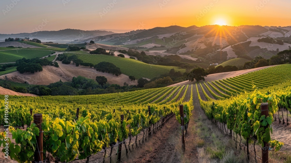 Fototapeta premium A serene vineyard landscape at sunset, with rows of vibrant grapevines illuminated by the glowing sky, and rolling hills fading into the distance, creating an idyllic scene.