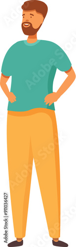 Happy young man with beard standing with hands on his hips and looking aside