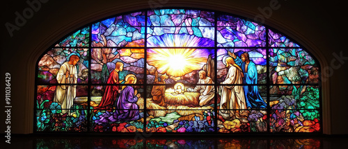 Colorful stained glass depicting a nativity scene with vibrant hues and intricate details, capturing a moment of tranquility and celebration. photo