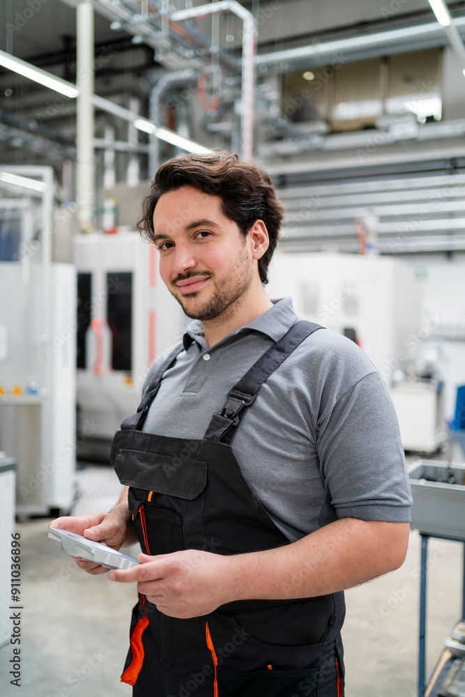 Smiling young employee holding machine part standing on production floor at factory Smiling young employee holding machine part standing on production floor at factory