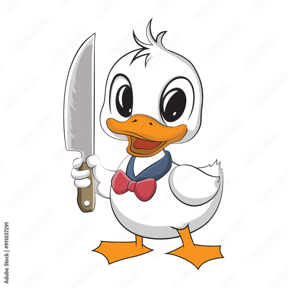 Obraz premium Cute baby cartoon duck with knife. Vector illustration art for tshirt merch.