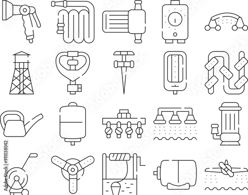Irrigation System Collection Icons Set Vector. Watering Pistol And Watering Can, Well And Hose Agricultural Water Irrigation Farm Equipment Black Contour Illustrations