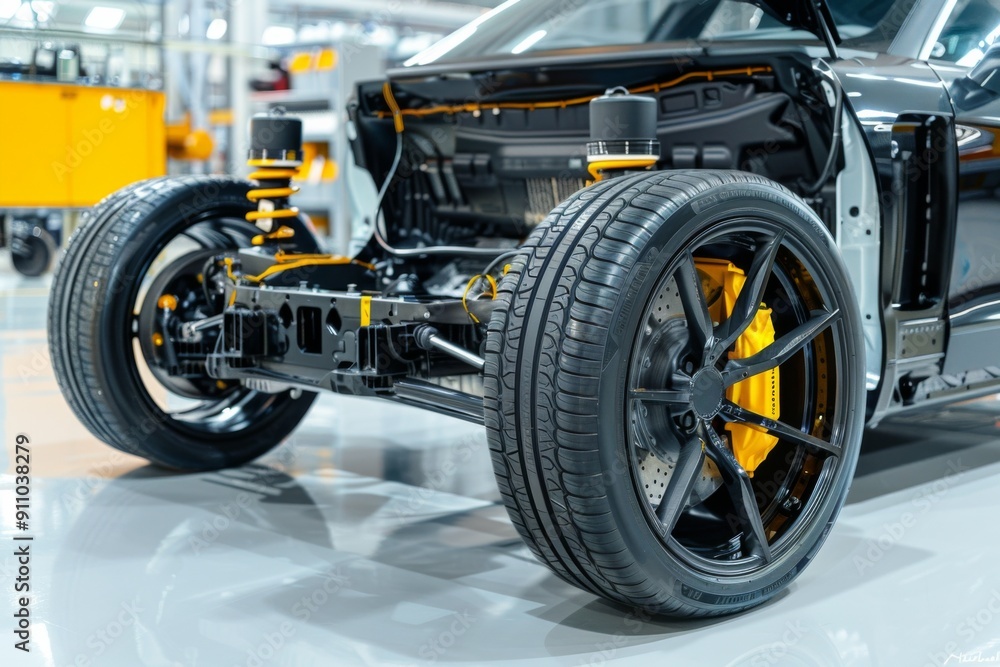 Close-up of electric vehicle battery pack on the mass production assembly line. Close-up of electric vehicle battery pack on the mass production assembly line.