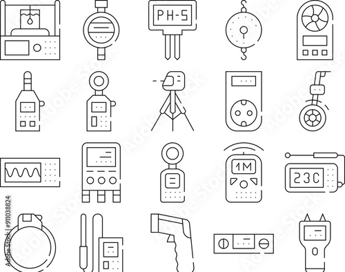 Measuring Equipment Collection Icons Set Vector. Measuring Temperature And Weight, Distance And Water Ph Gadget, Accelerometer And Planimeter Black Contour Illustrations
