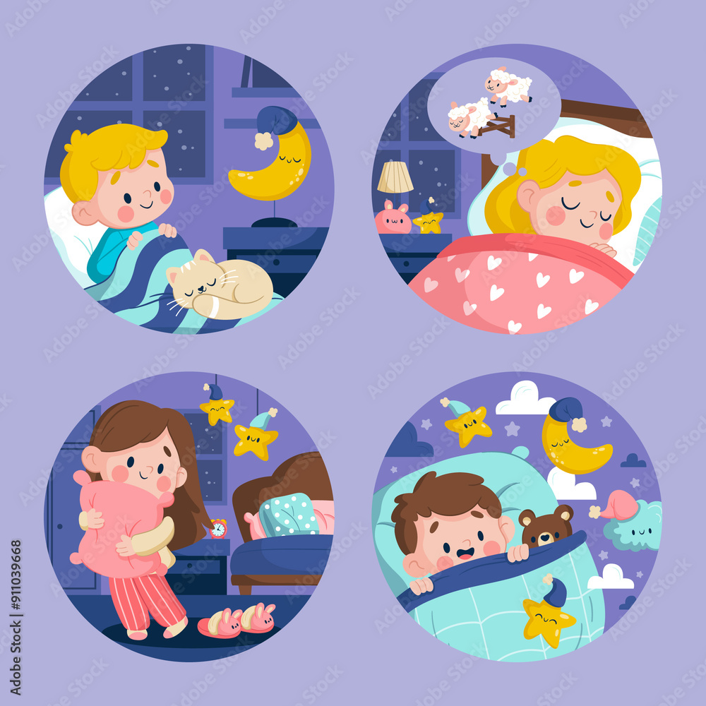 Bedtime illustrations in flat cartoon style Bedtime illustrations in flat cartoon style