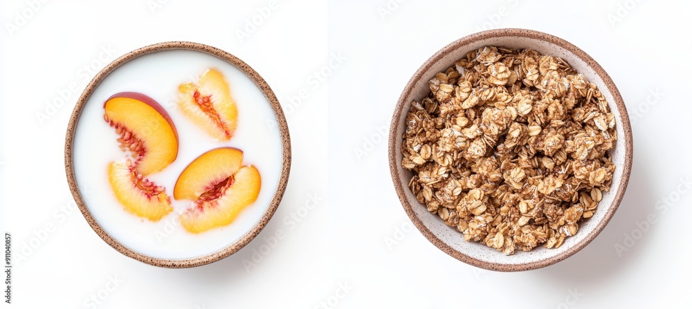 On a white background, well-separated bowl of peach yogurt topped with granola, almond slices, and peach syrup, viewed from the sides and the top On a white background, well-separated bowl of peach yogurt topped with granola, almond slices, and peach syrup, viewed from the sides and the top