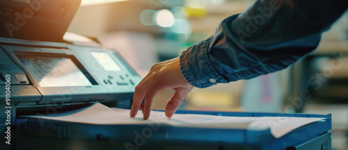 A person is using the copy machine to make a printed document, close-up of hand and printer with paper in office background