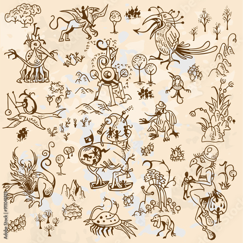 Surreal Hieronymus Bosch-Inspired Vector Illustrations, Map Builder Line Art 