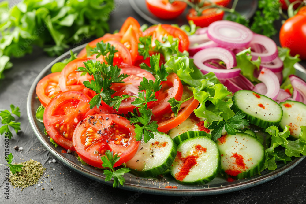 Vibrant Fresh Salad Plate with Sliced and Cherry Tomatoes, Cucumbers, Radishes Garnished with Parsley on a Rustic Plate Vibrant Fresh Salad Plate with Sliced and Cherry Tomatoes, Cucumbers, Radishes Garnished with Parsley on a Rustic Plate