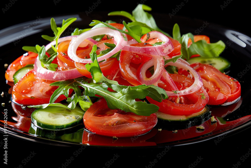 Fresh Salad Plate with Sliced and Cherry Tomatoes, Cucumbers, Radishes Garnished with Herbs. Healthy and delicious food Fresh Salad Plate with Sliced and Cherry Tomatoes, Cucumbers, Radishes Garnished with Herbs. Healthy and delicious food