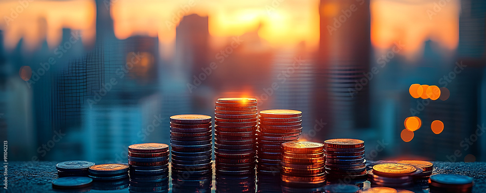 Skyscrapers Rising from Stacked Coins in Vibrant City Skyline Financial Growth Concept Skyscrapers Rising from Stacked Coins in Vibrant City Skyline Financial Growth Concept