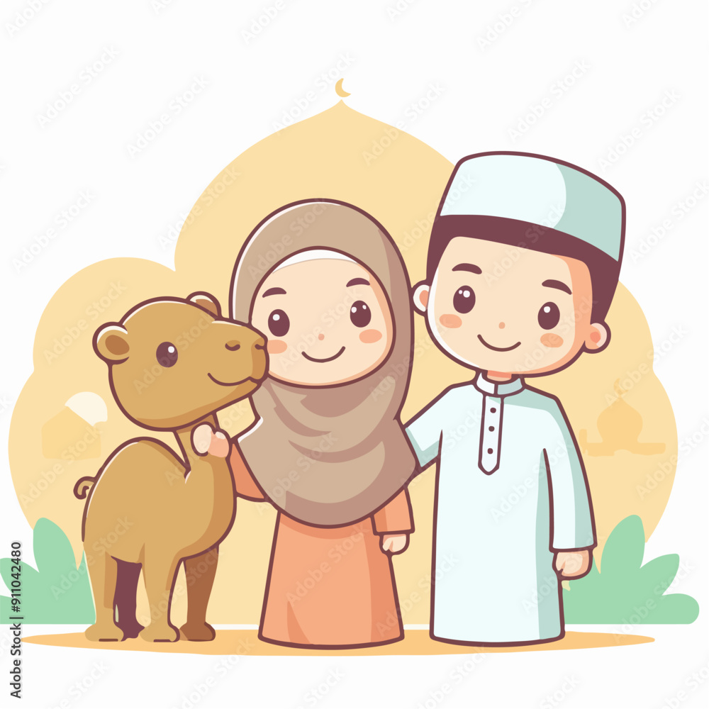Eid Al Adha Illustrations. Muslims Prepare Livestock to Be Sacrificed. People Celebrate Eid Al Adha Eid Al Adha Illustrations. Muslims Prepare Livestock to Be Sacrificed. People Celebrate Eid Al Adha