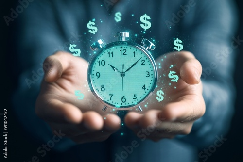 Wallpaper Mural Hands holding a stopwatch icon surrounded by dollar signs, symbolizing time management and financial efficiency High-resolution, detailed textures, crisp focus Torontodigital.ca