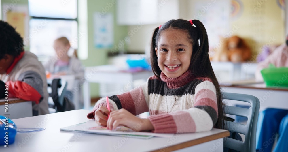 Portrait, girl and student in classroom, education and writing with assignment, smile and learning. Face, knowledge and kid with notebook, happiness and creativity with development for motor skills Portrait, girl and student in classroom, education and writing with assignment, smile and learning. Face, knowledge and kid with notebook, happiness and creativity with development for motor skills