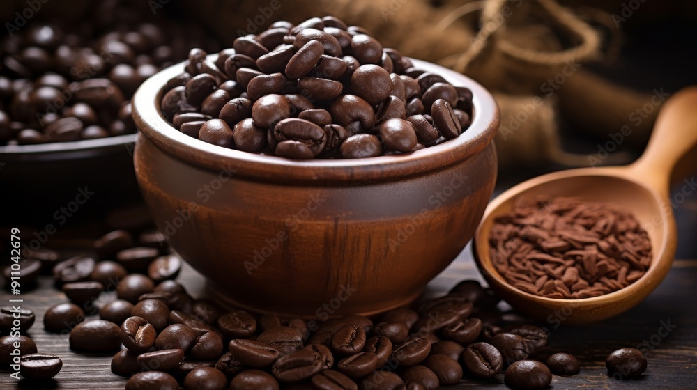 Fototapeta premium Pile of chocolate covered espresso beans in rustic bowl with rich aroma