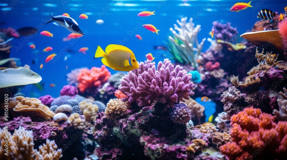 Obraz premium Colorful fish swimming in coral reef closeup view