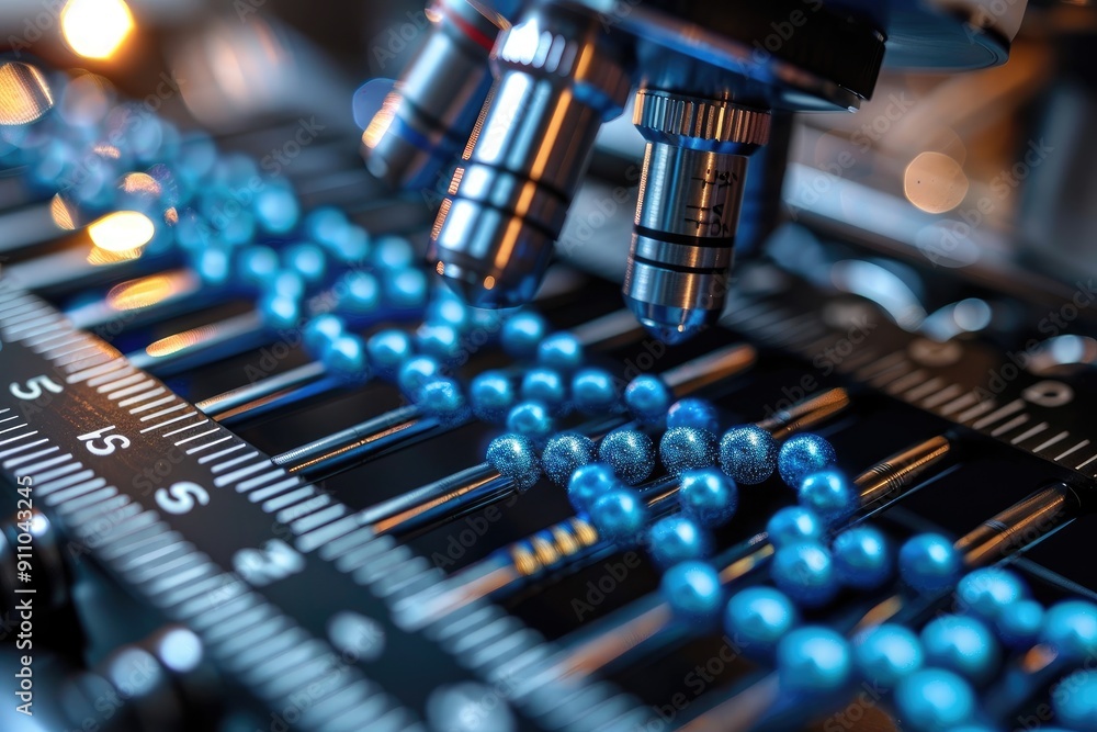 Close-up of a Microscope Lens Over Blue Spheres Close-up of a Microscope Lens Over Blue Spheres