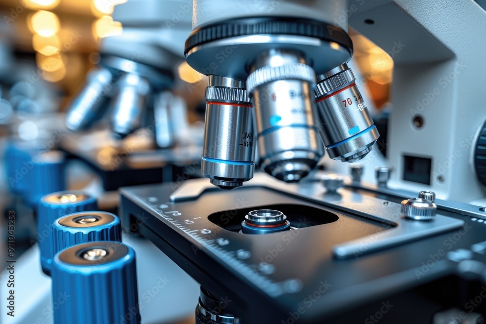 Close-up of a Microscope with Three Objective Lenses Close-up of a Microscope with Three Objective Lenses