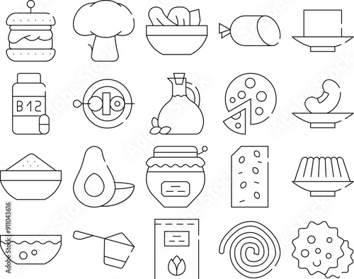 Vegan Menu Restaurant Collection Icons Set Vector. Vegan Hamburger And Pizza, Mushroom And Vegetable Kebab, Salad And Tofu Cheese Black Contour Illustrations